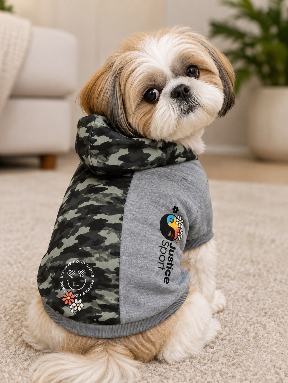 Justice Sport Split Camo and Gray Dog Hoodie.
